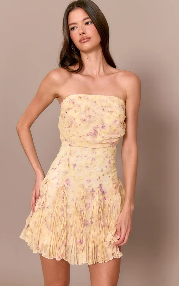 Pale Yellow Chiffon Ditsy Floral Print Fishtail Mini Dress