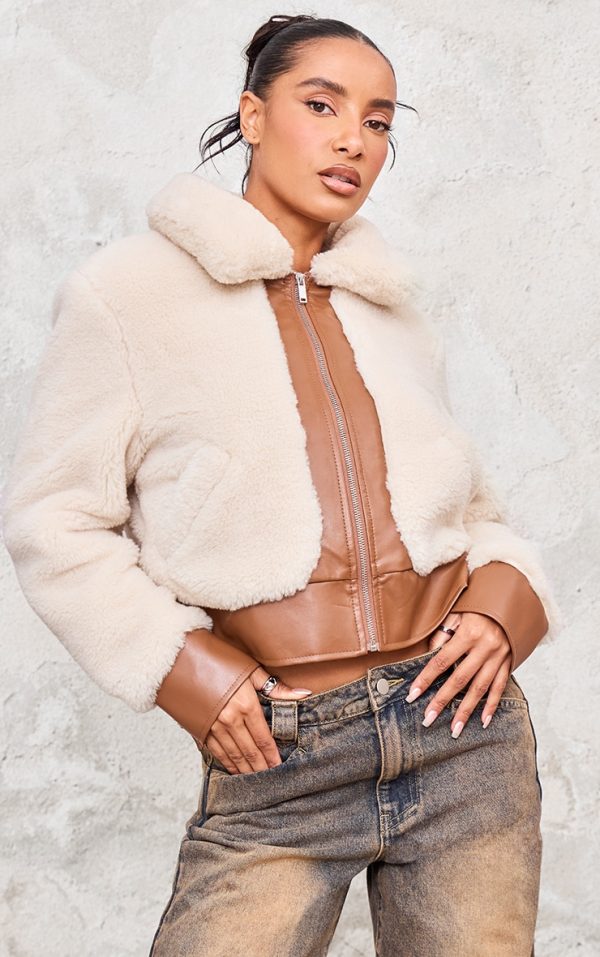 Cream Plush Faux Fur Contrast Faux Leather Zip Up Jacket