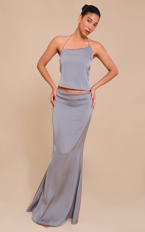 Grey Satin Mid Rise Maxi Skirt