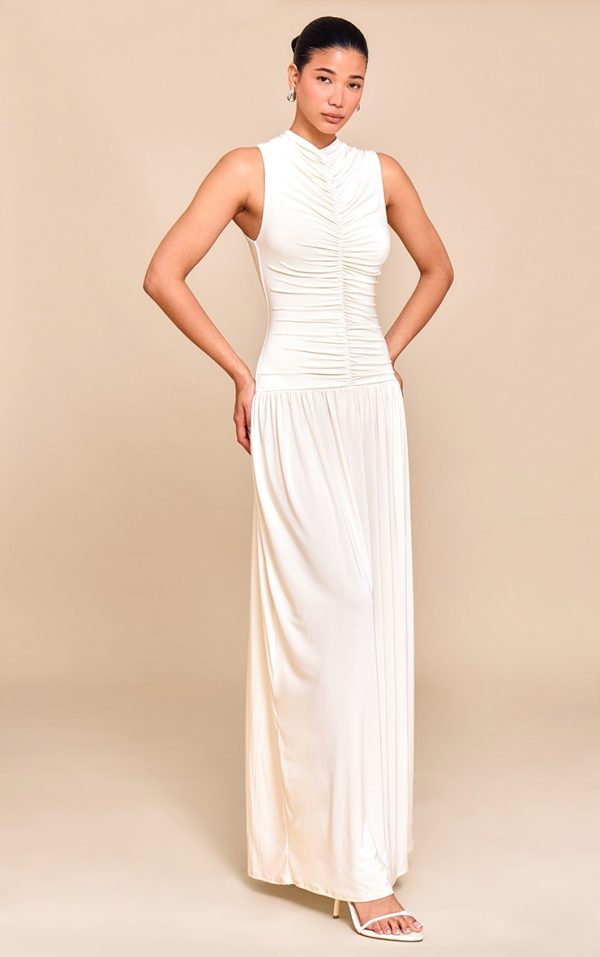 Cream Double Layer Soft Touch Drop Waist Ruched Maxi Dress