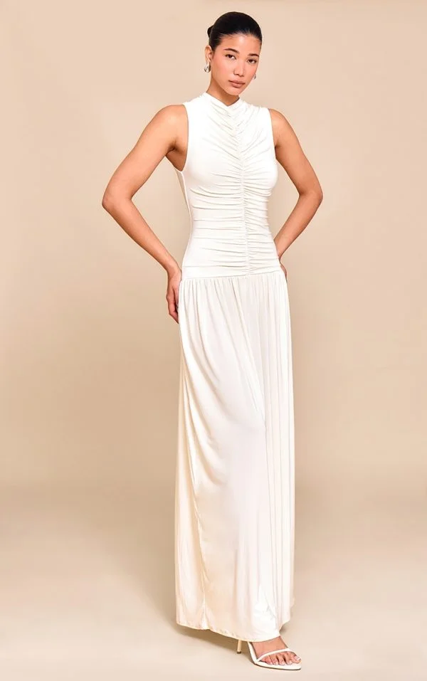 Cream Double Layer Soft Touch Drop Waist Ruched Maxi Dress