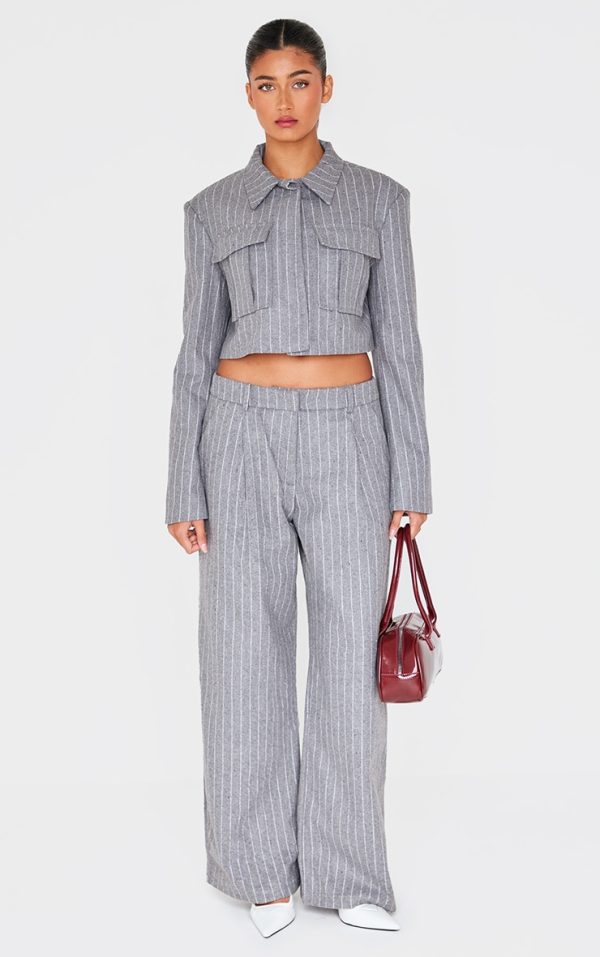Grey Premium Pinstripe Wide Leg Pants