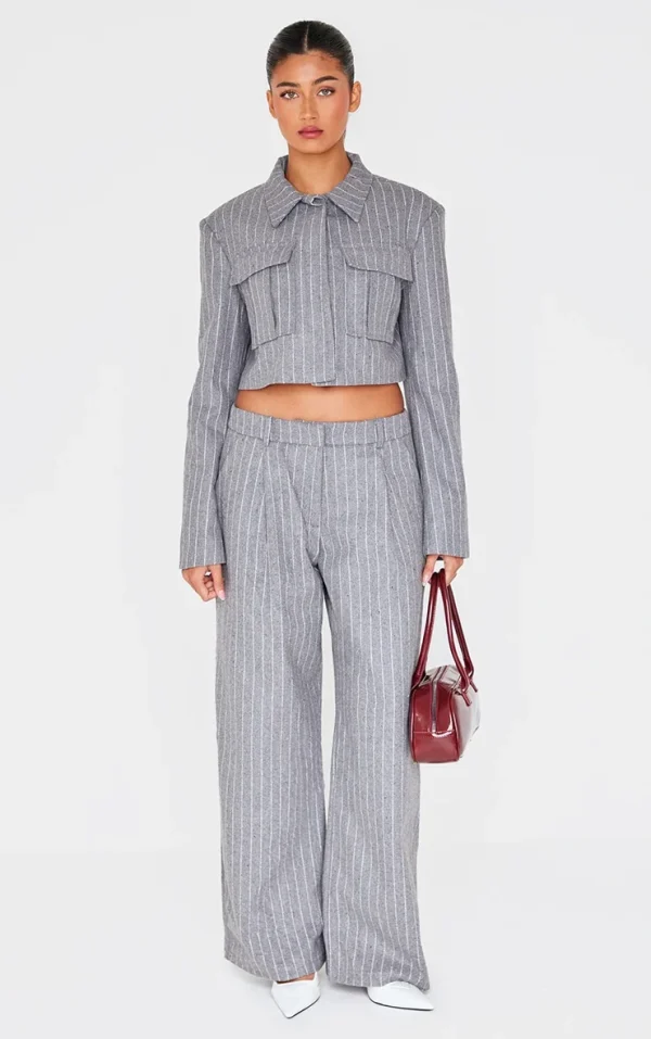 Grey Premium Pinstripe Wide Leg Pants