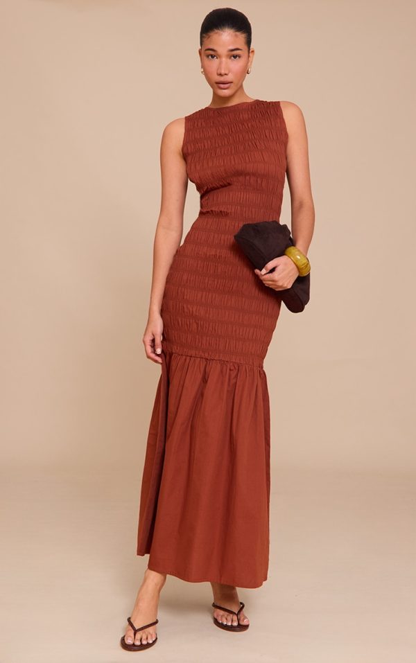 Chestnut Shirred Detail Drop Waist Maxi Dress