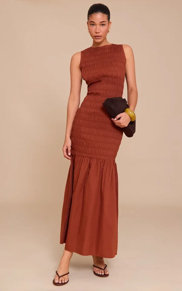 Chestnut Shirred Detail Drop Waist Maxi Dress
