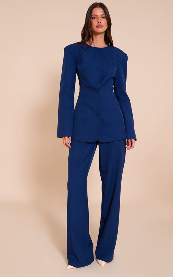Navy Tailored Wide Leg Split Hem Pants