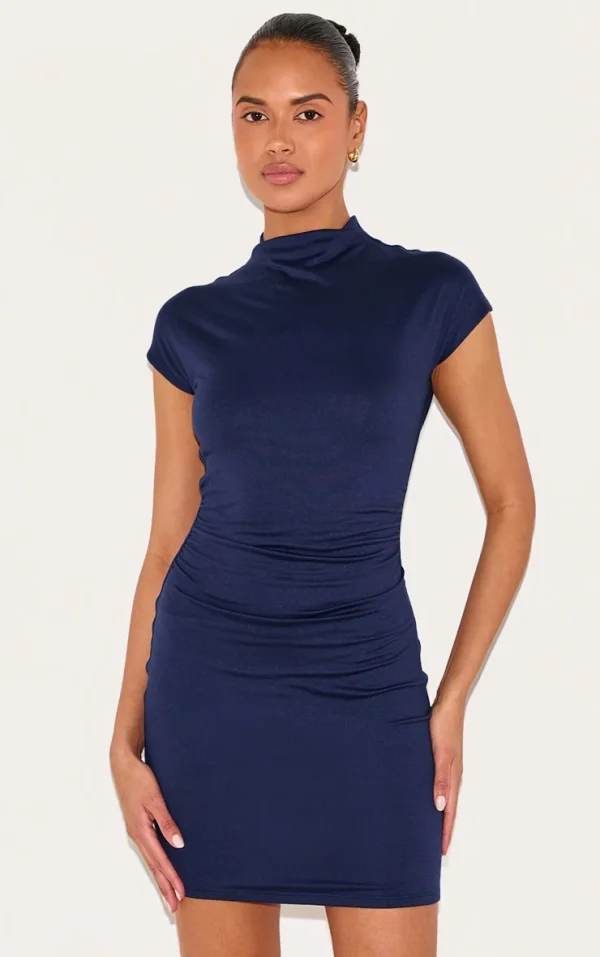 Navy Double Contour Ruched Detail Cap Sleeve Bodycon Dress