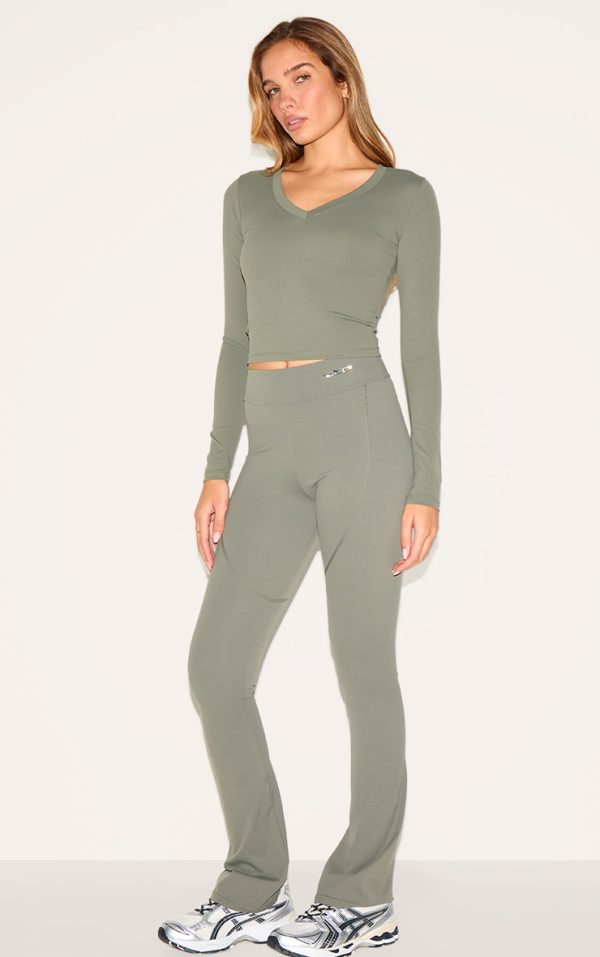Olive Sport Metal Badge Sculpt High Waist Flare Pants