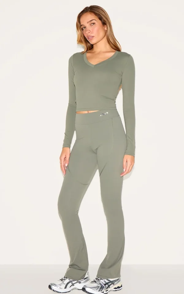Olive Sport Metal Badge Sculpt High Waist Flare Pants