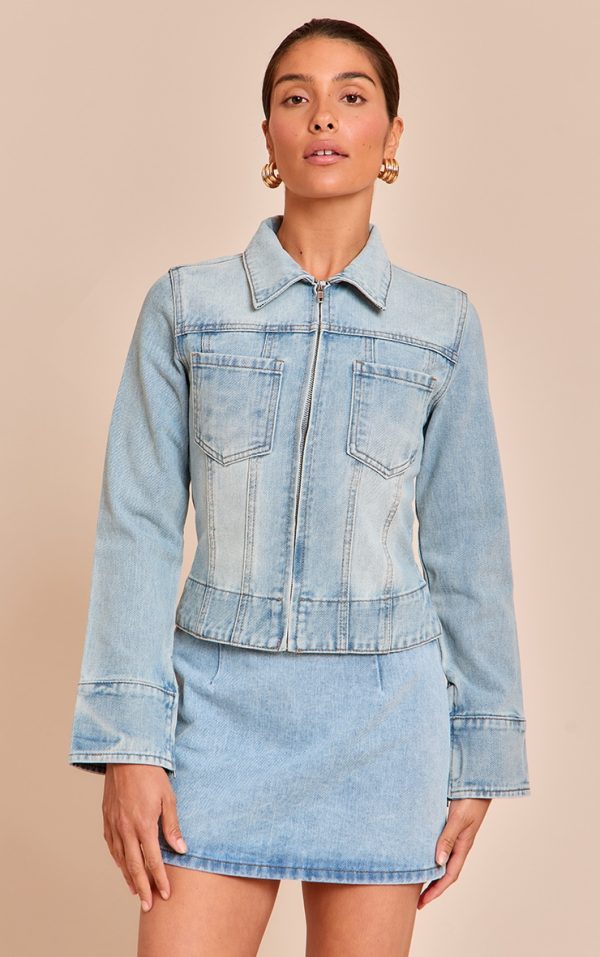 Petite Light Blue Denim Front Zip Fitted Jacket