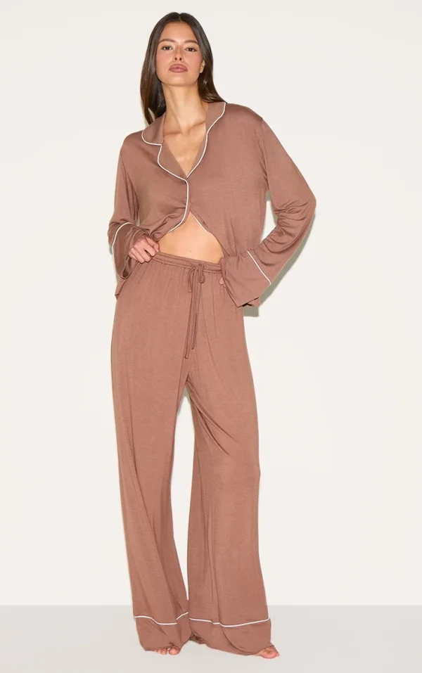 Mocha Modal Piping Long Pj Set