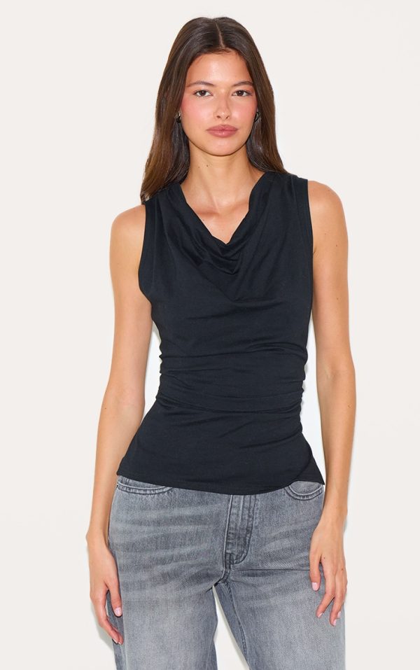 Black Cotton Ruched Waist Sleeveless Top