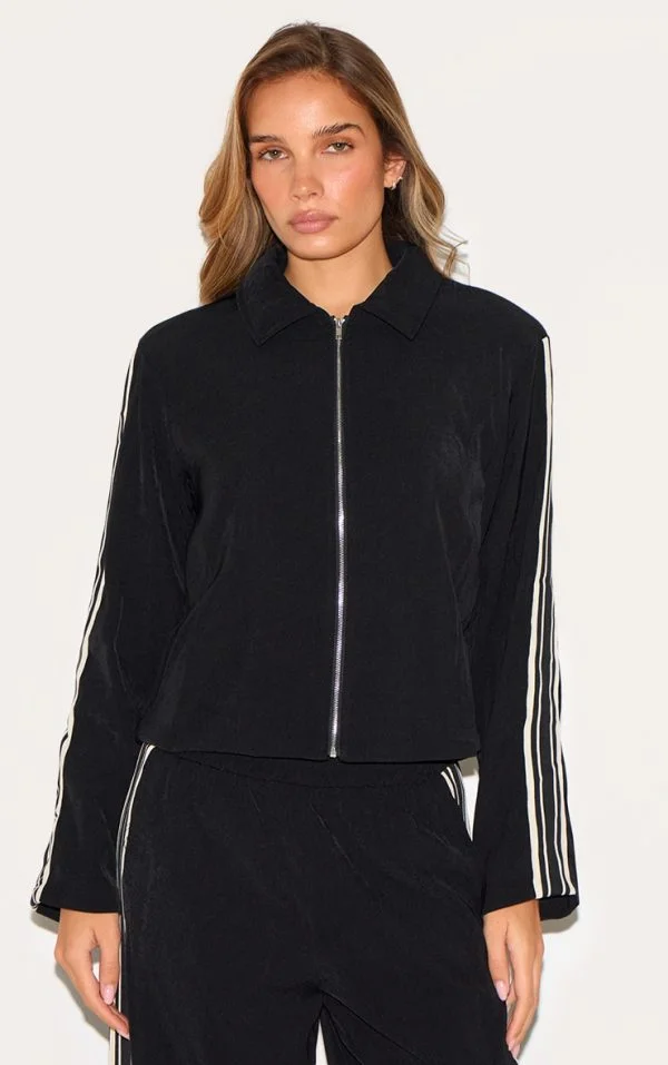 Black Side Stripe Woven Cropped Jacket