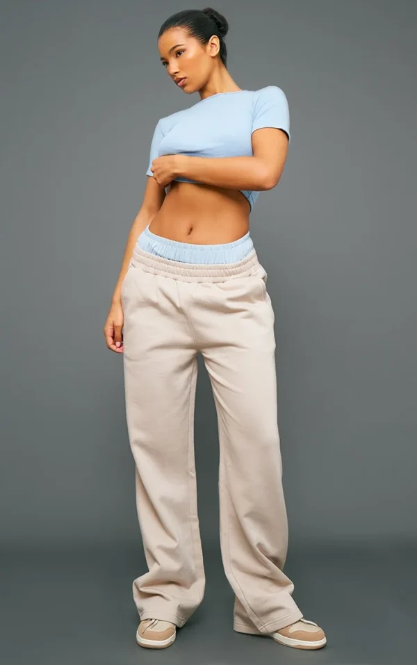Taupe Double Waistband Oversized Wide Leg Sweatpants