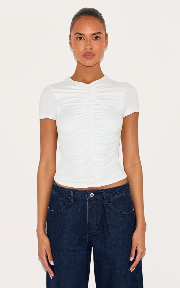 White Contour Jersey Ruched Fitted T-shirt