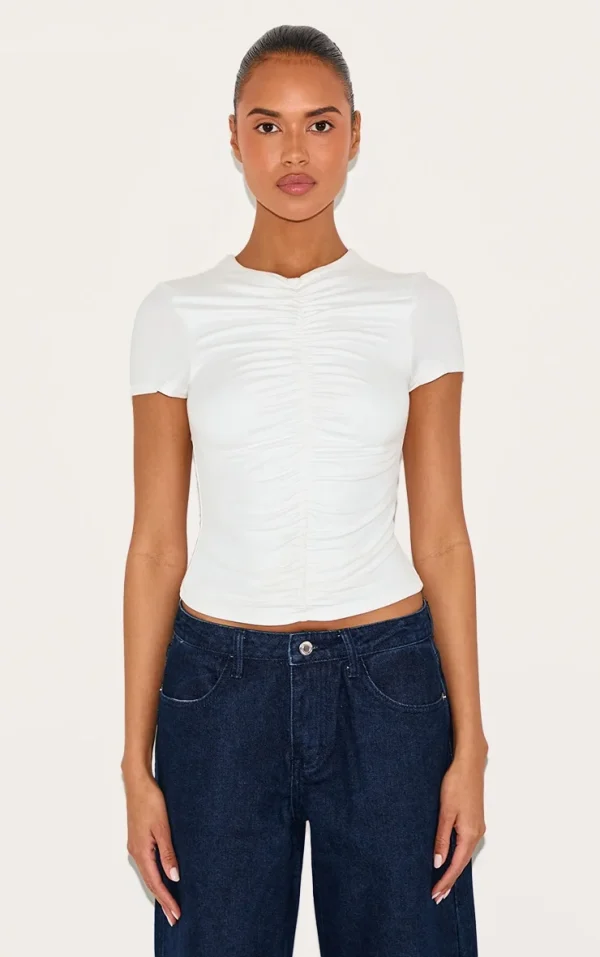 White Contour Jersey Ruched Fitted T-shirt