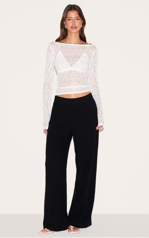 White Textured Sheer Lace Boat Neck Long Sleeve Top