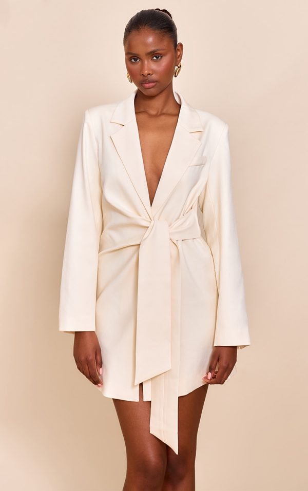 Almond Woven Blazer Side Tie Mini Dress