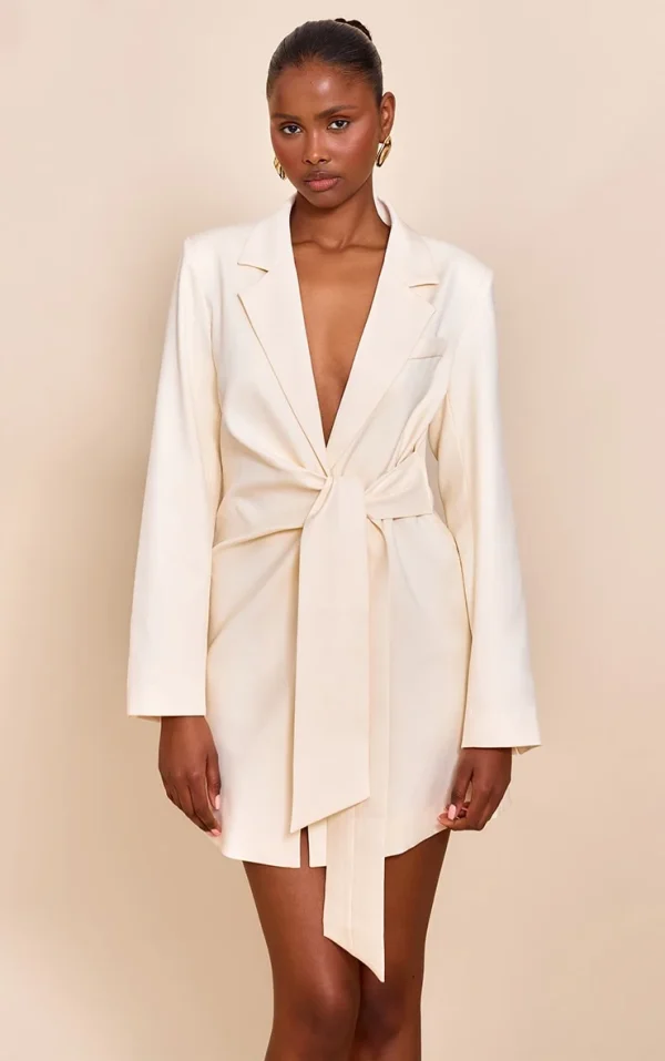 Almond Woven Blazer Side Tie Mini Dress