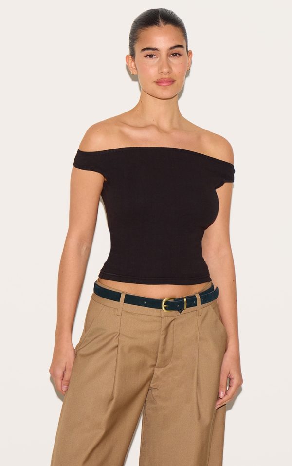 Black Ribbed Bardot Detail Vest Top