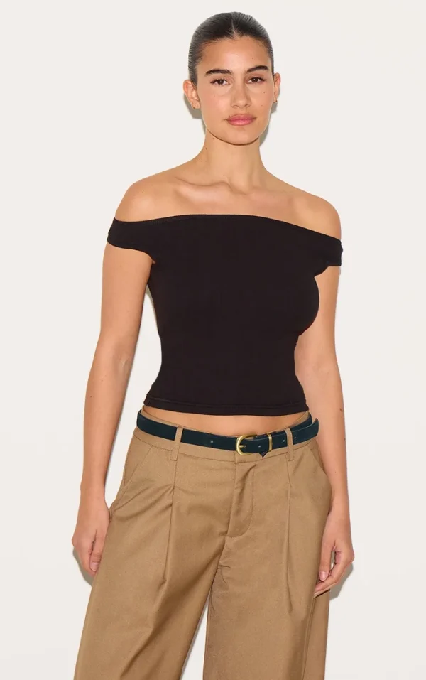Black Ribbed Bardot Detail Vest Top