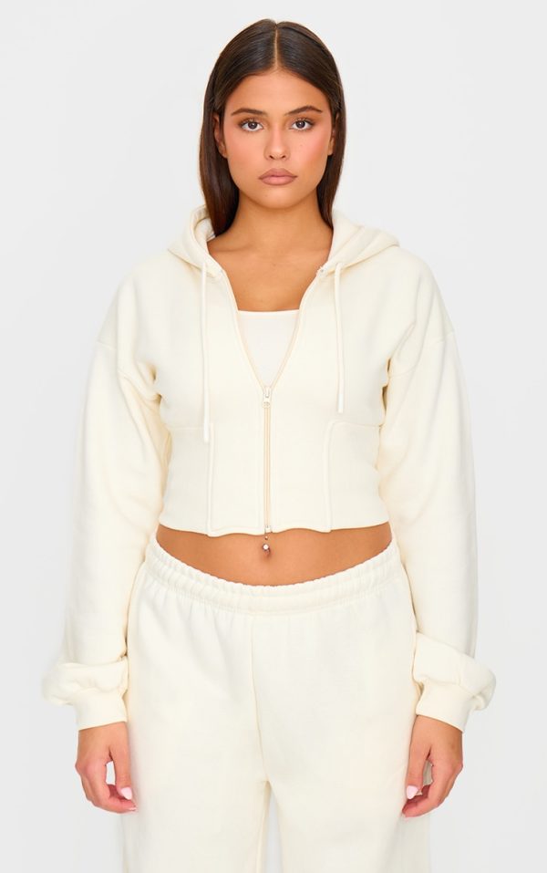 Cream Cinched Waist Cropped Zip Up Hoodie