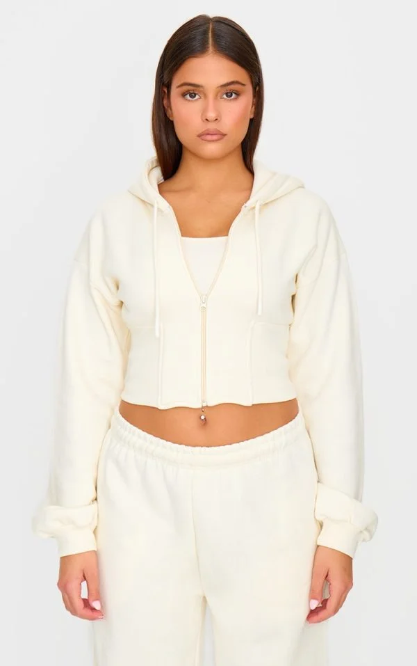Cream Cinched Waist Cropped Zip Up Hoodie