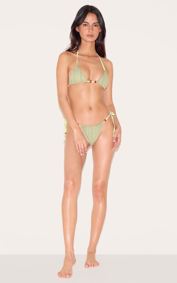 Sage Green Textured Bead Detail Tie Side Bikini Bottoms