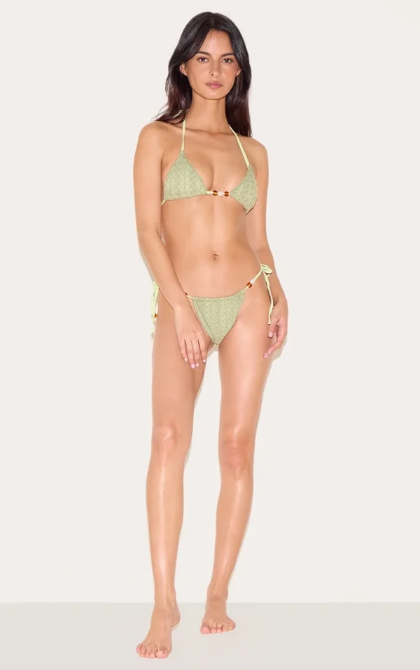 Sage Green Textured Bead Detail Tie Side Bikini Bottoms