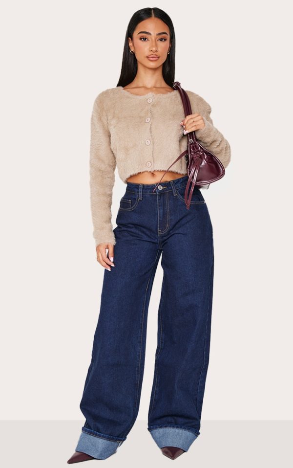 Petite Indigo Wide Leg Turn Up Hem Jeans