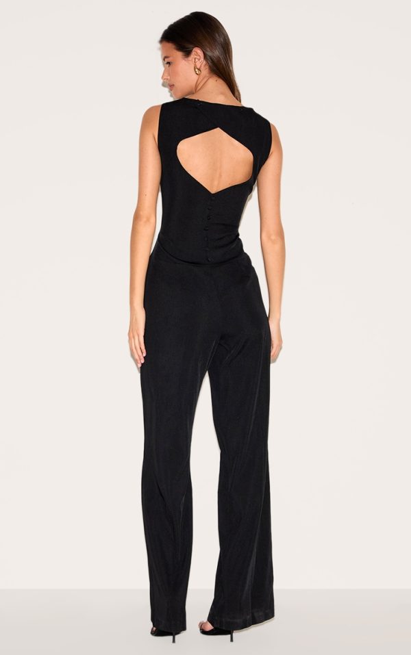 Black Structured Woven Open Back Detail Straight Leg Jumpsuit