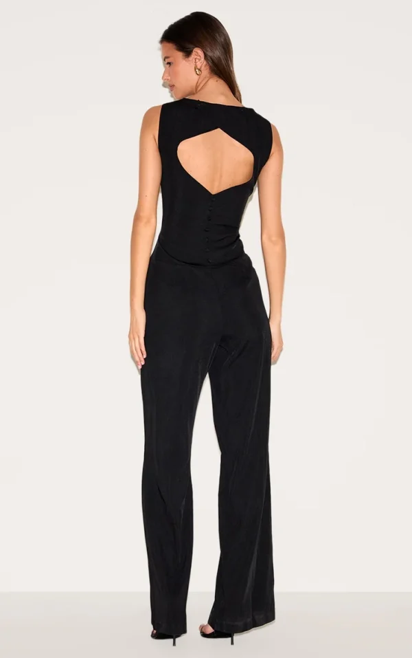 Black Structured Woven Open Back Detail Straight Leg Jumpsuit