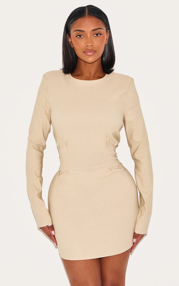 Shape Pebble Stretch Woven Cinched Waist Boat Neck Long Sleeve Mini Dress