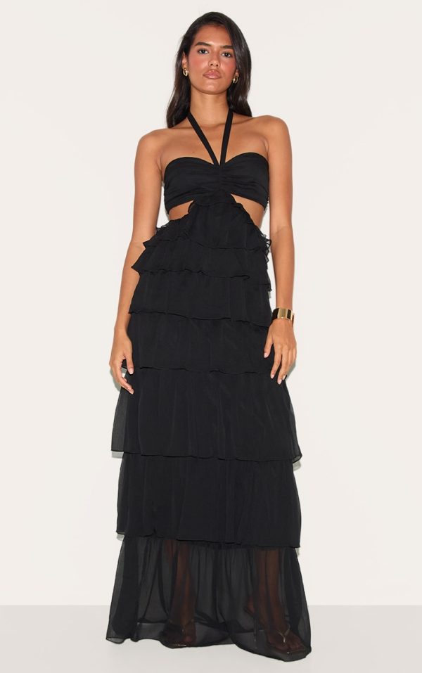 Black Ruched Bust Frill Tiered Maxi Dress
