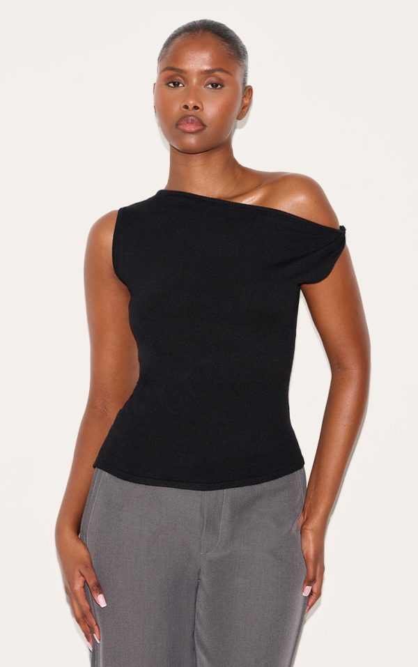 Black Basic Knit Asymmetric Hem Twist Sleeve Vest Top