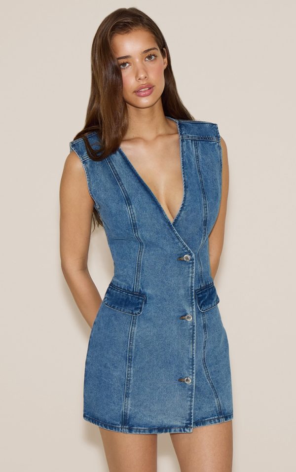 Mid Blue Wash Button Up Vest Style Denim Dress