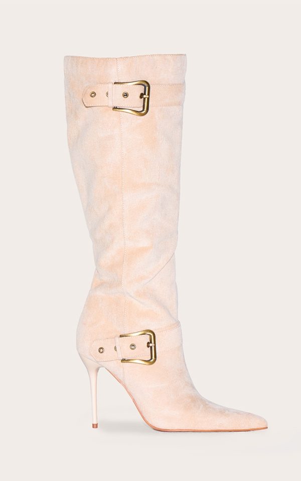 Stone Faux Suede Knee High Point Toe Buckle High Stiletto Knee High Boots
