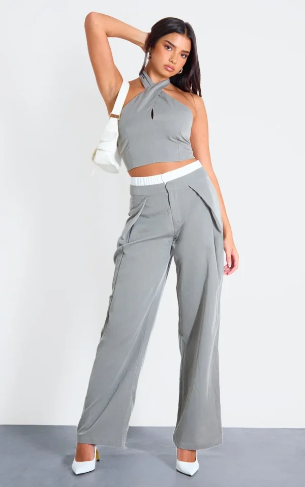 Grey Tailored Boxer Detail Straight Leg Pants