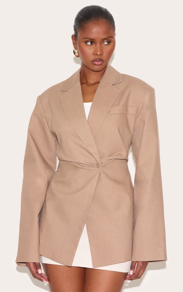 Taupe Linen Look Tailored Cinched Waist Blazer