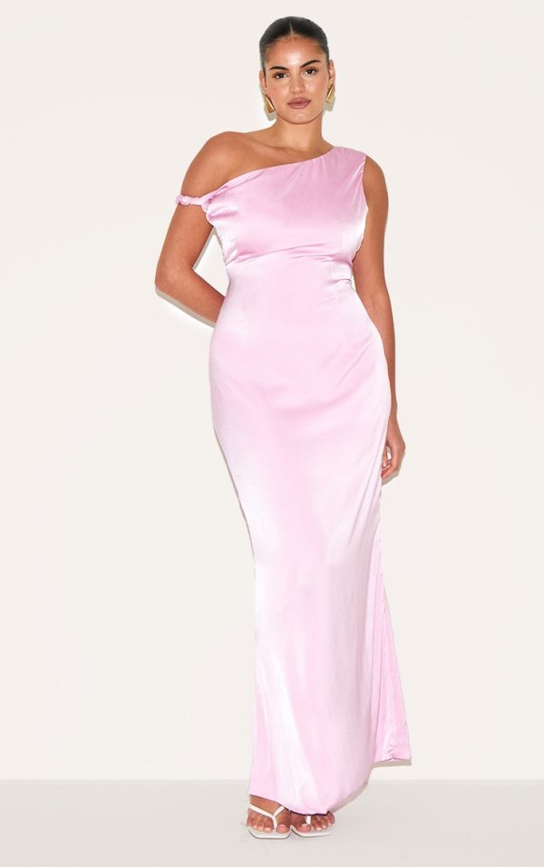Plus Candy Pink Satin Asymmetric Bardot Twist Maxi Dress