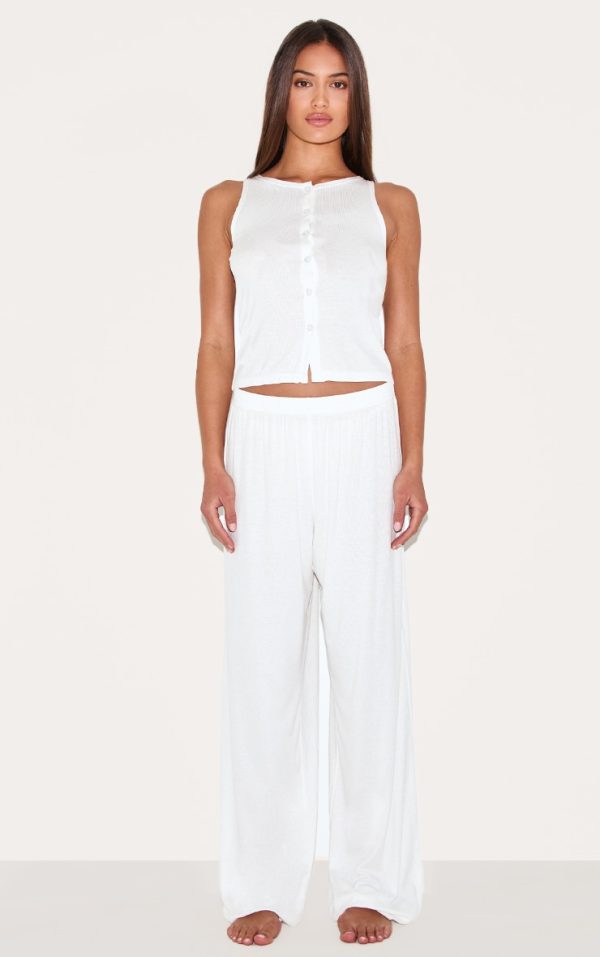 White Ribbed Button Vest Long Pj Set