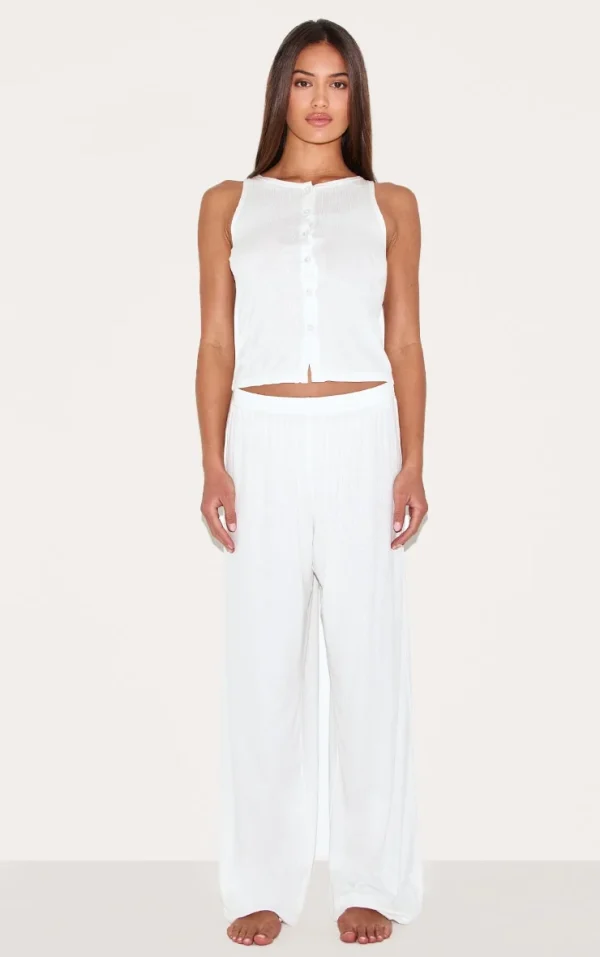 White Ribbed Button Vest Long Pj Set