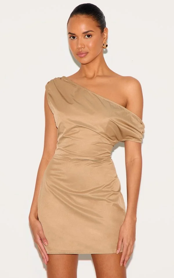 Beige Woven Asymmetric Cup Detail Mini Dress