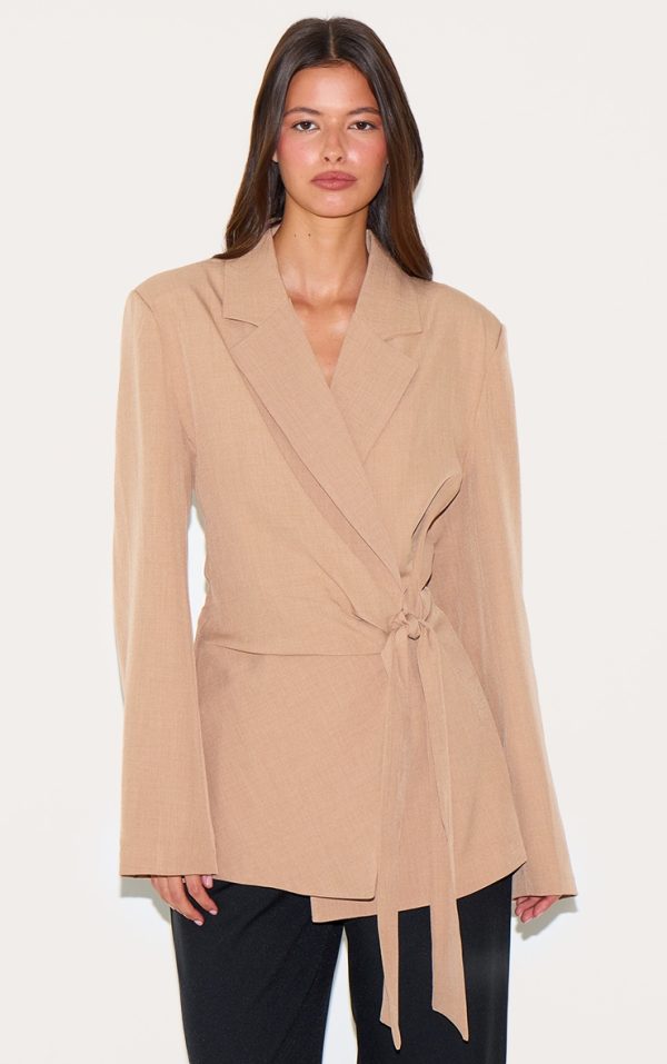 Taupe Tie Front Structured Blazer