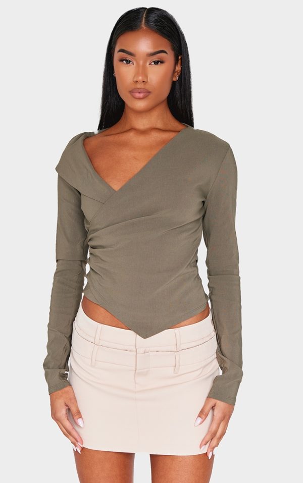 Olive Bengaline Asymmetric Ruched Long Top