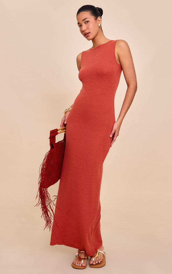 Rust Textured Boat Neck Sleeveless Maxi Dress