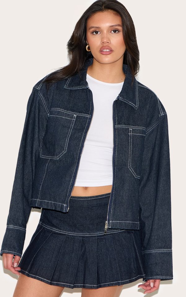 Dark Indigo Contrast Stitch Oversized Denim Jacket
