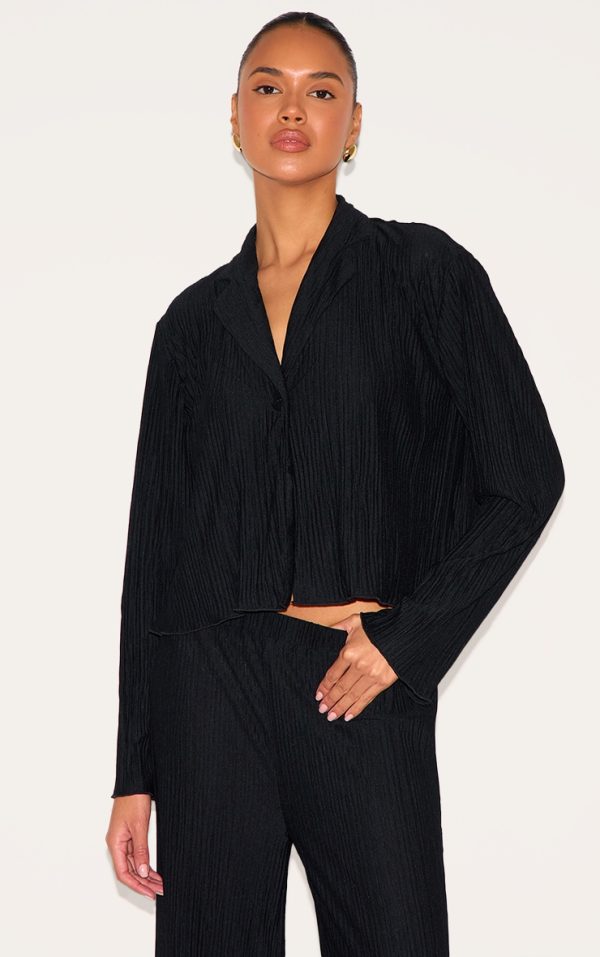 Black Textured Pleated  Button Front Shirt
