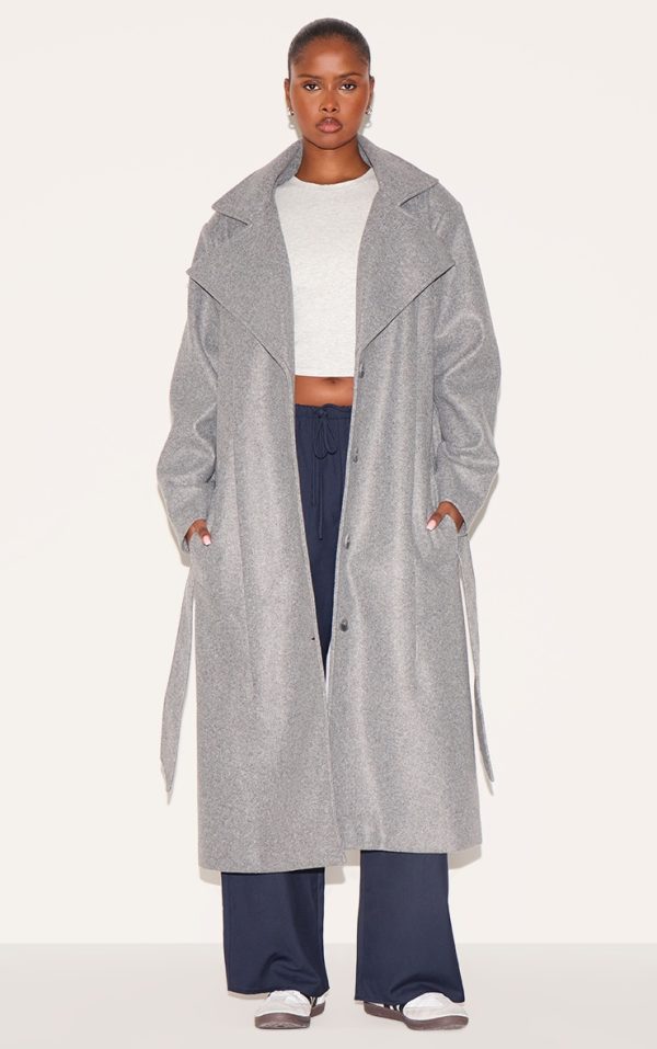 Grey Oversized Wool Look Trench Coat