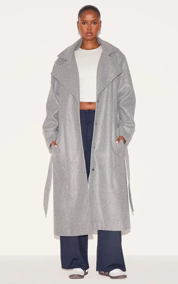 Grey Oversized Wool Look Trench Coat